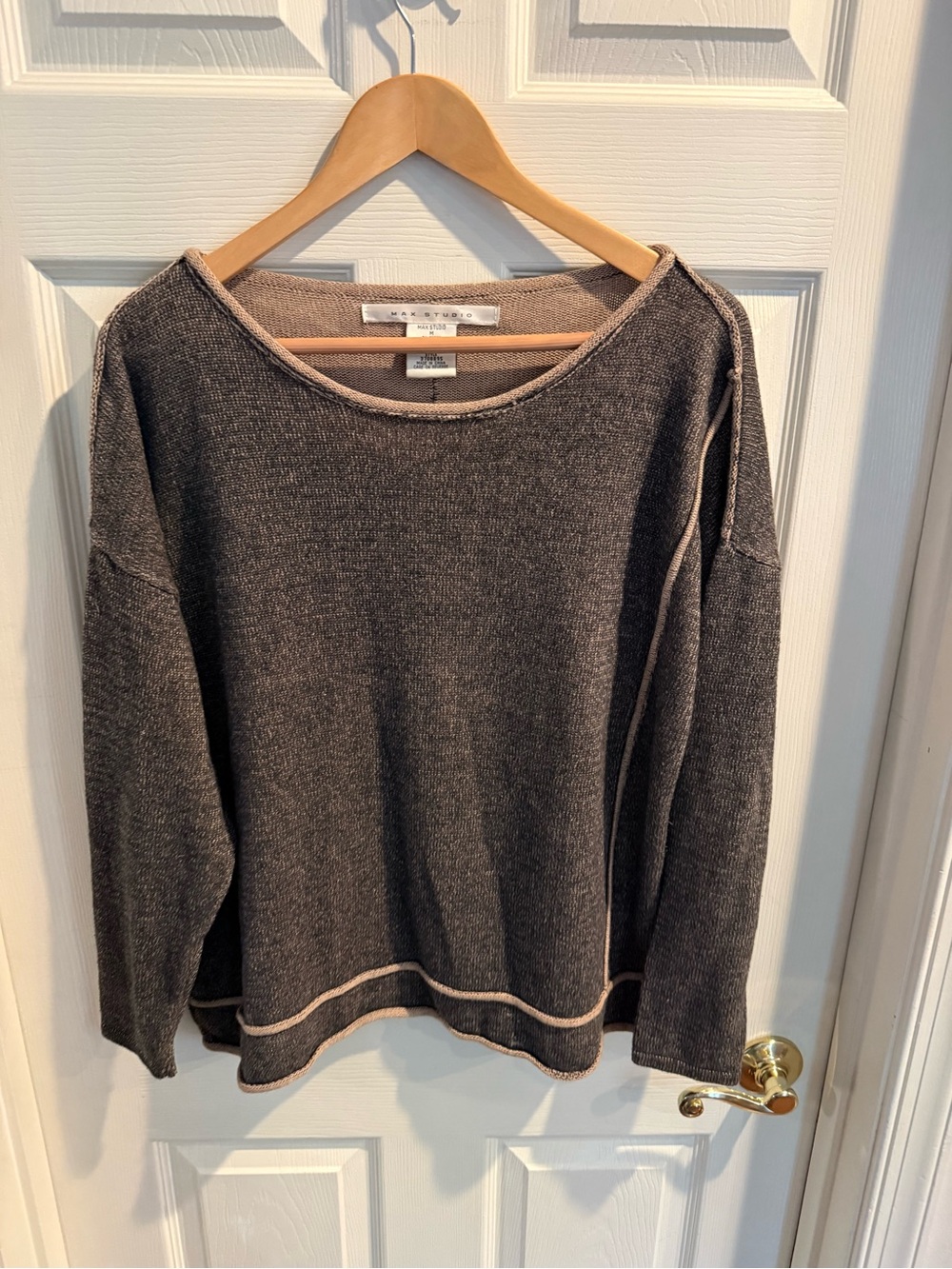 Max Studio Chocolate Brown Crewneck Sweater with Contrast Trim